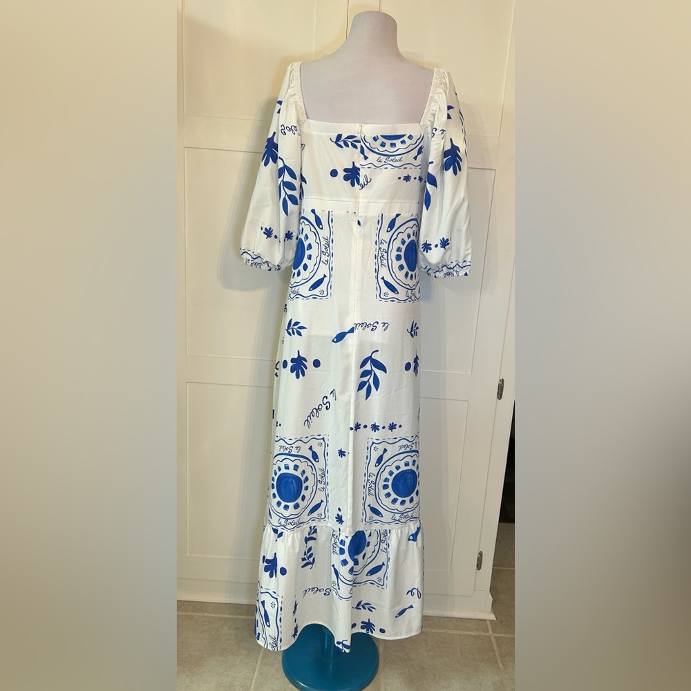 White and Blue Mediterranean Square-Neck Maxi Dress XXL - Picture 12 of 12